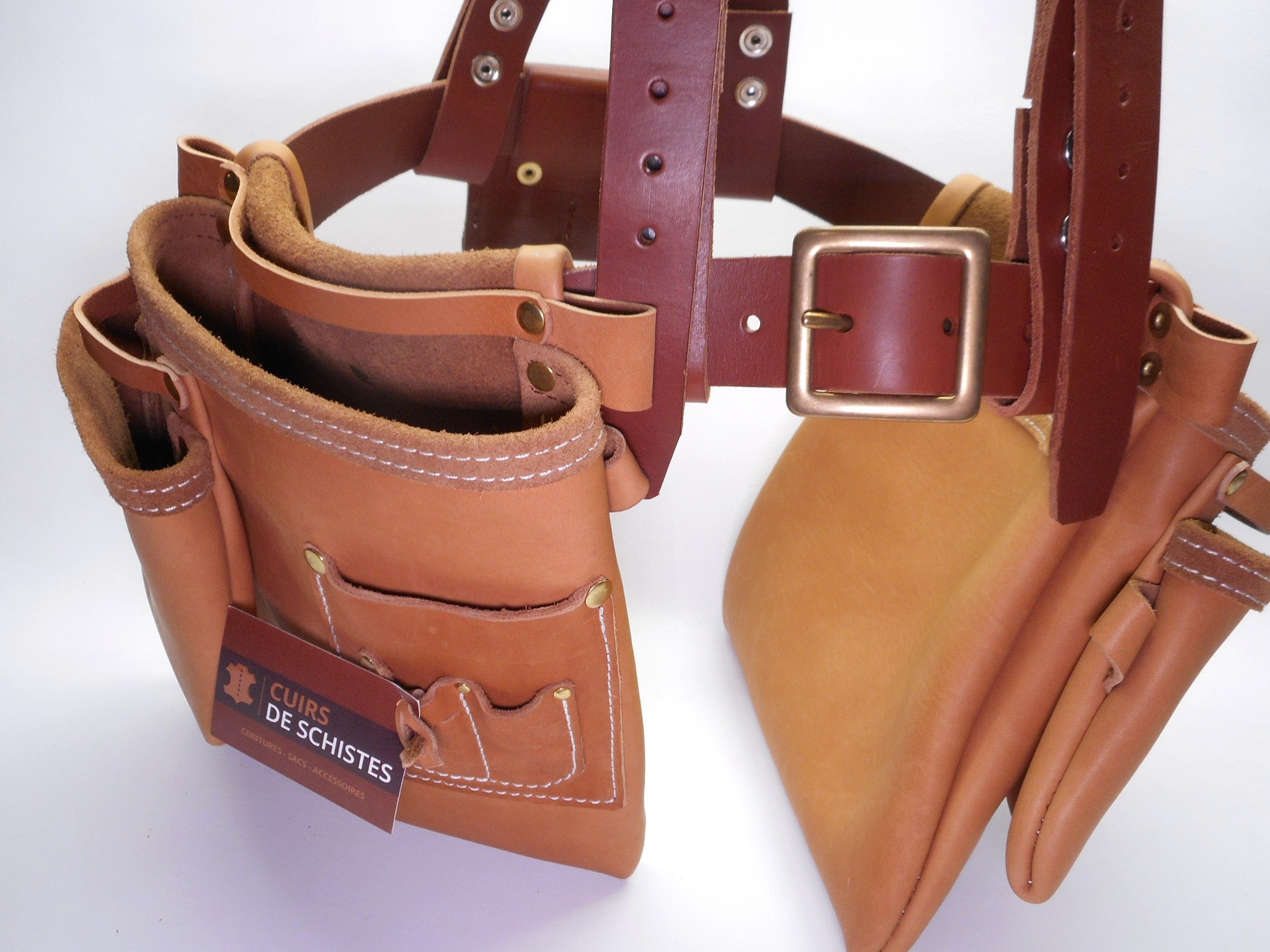 Achat ceinture porte-outils 2 poches coulissantes XL et bretelles ULYSS -  Création artisanale en Cuir Occitanie.